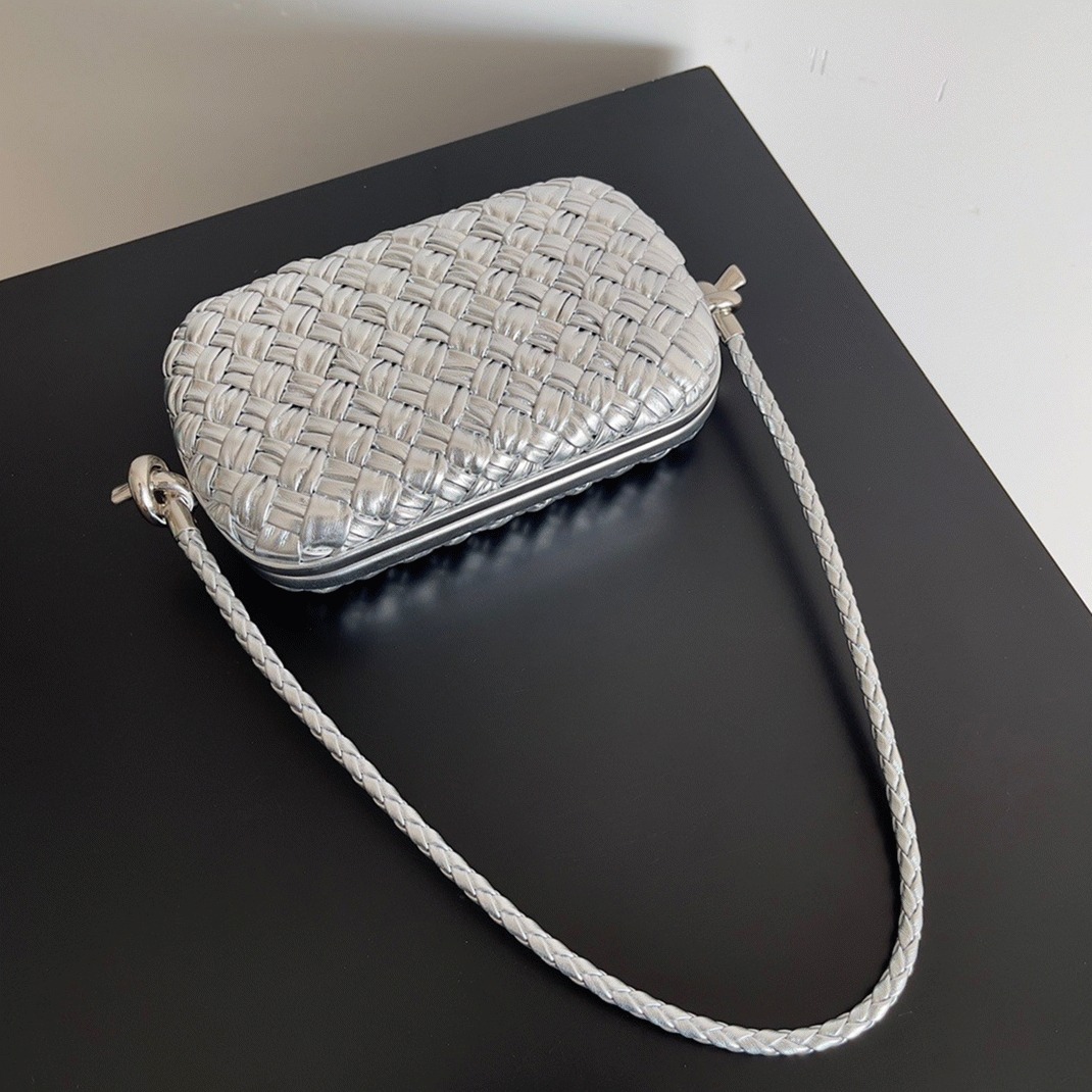 Fake Bottega Veneta Knot Minaudiere On Strap Silver Intreccio Laminated Leather
