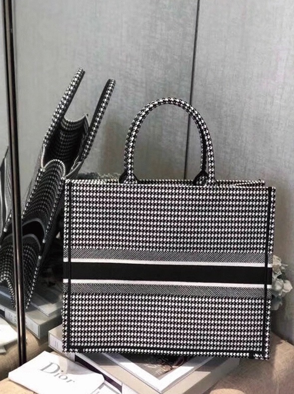 Dior Large Book Tote Bag Fake in Houndstooth Embroidered Canvas