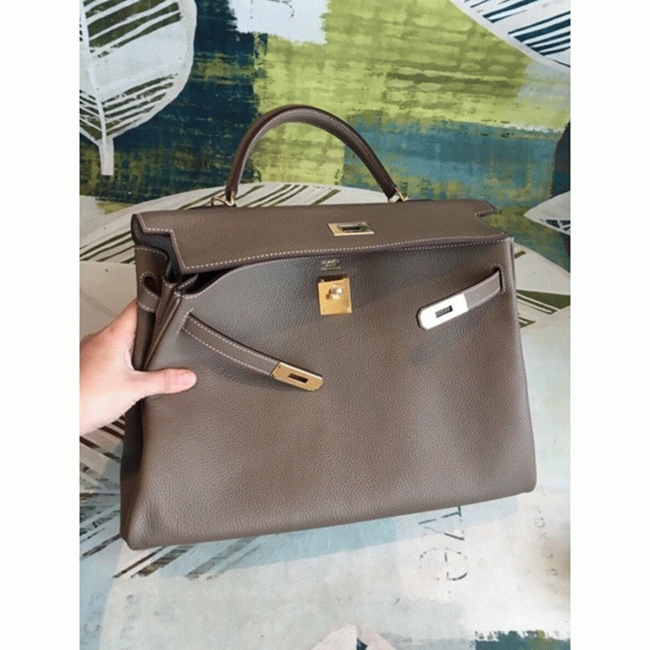 Taupe Clemence Knockoff Hermes Kelly 35cm Soft Leather Tote