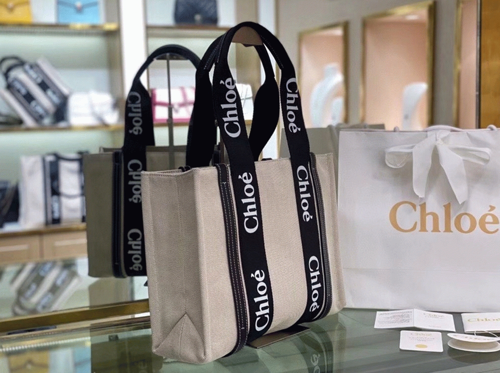 Top Quality Fake Chloe Large Woody Tote Bag in Canvas with Black Leather Strips