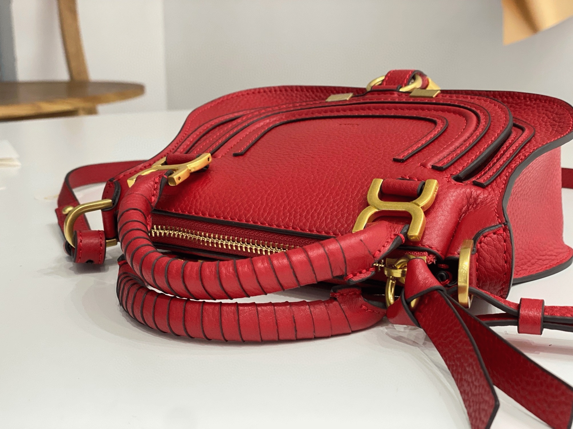 Top Quality Knockoff Chloe Marcie Mini Double Carry Bag in Red Grained Leather