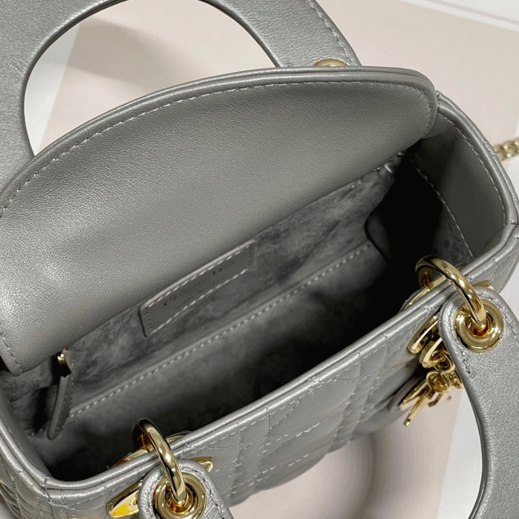 Dior Lady Dior Mini Chain Bag Replica in Grey Pearlescent Lambskin