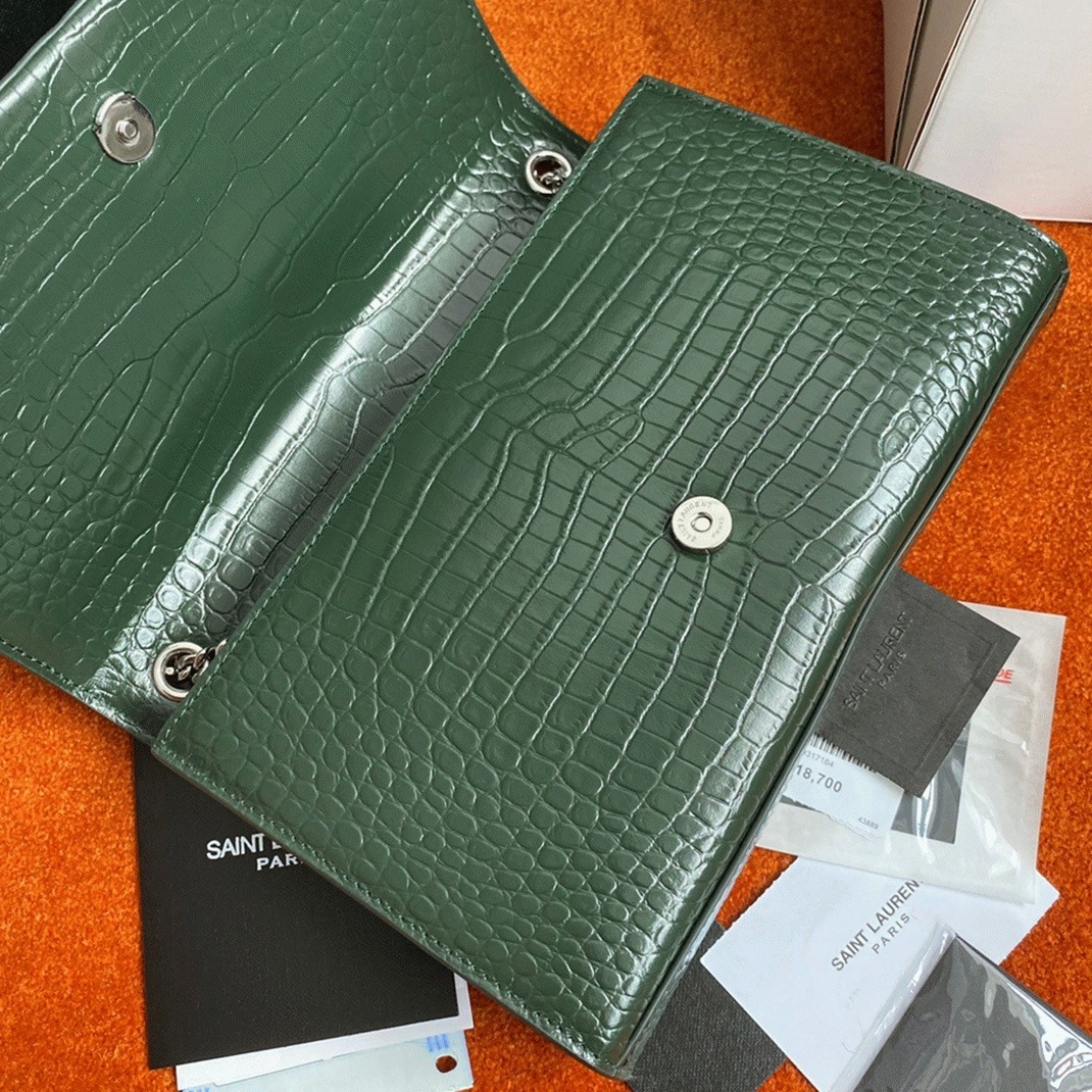 Replica Saint Laurent Kate Medium Tassel Bag Green Crocodile-embossed Leather