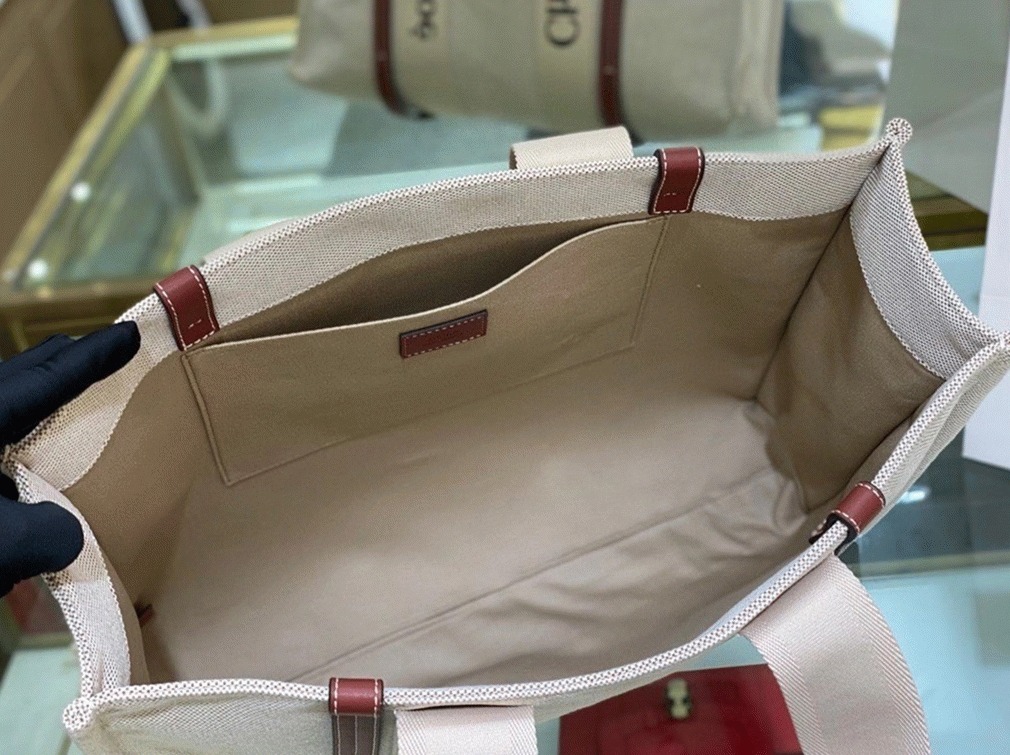 Top Quality Imitation Chloe Large Woody Tote Bag in Canvas with Brown Leather Strips