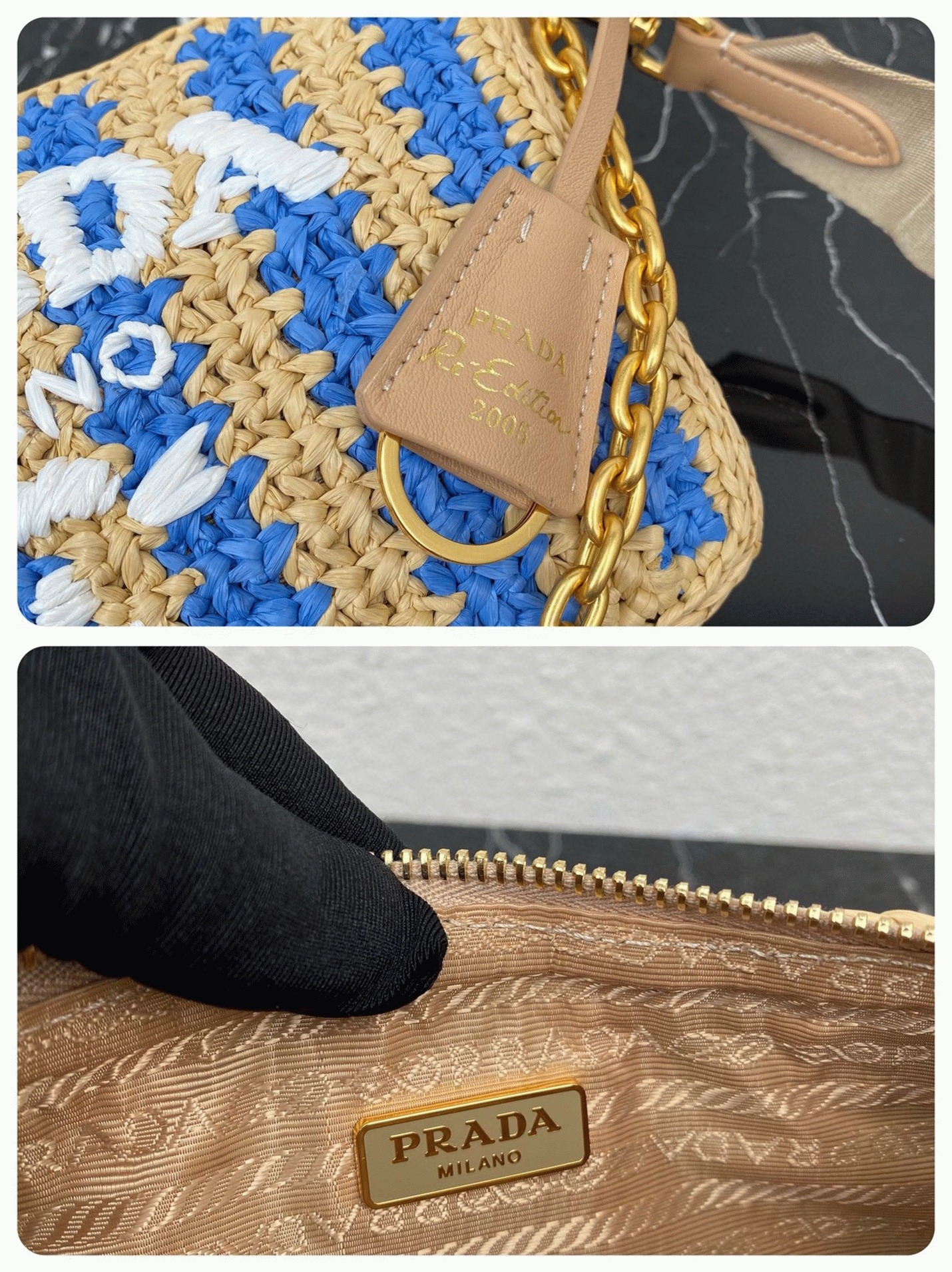 Prada Re-Edition Bag Fake in Beige and Blue Stripe