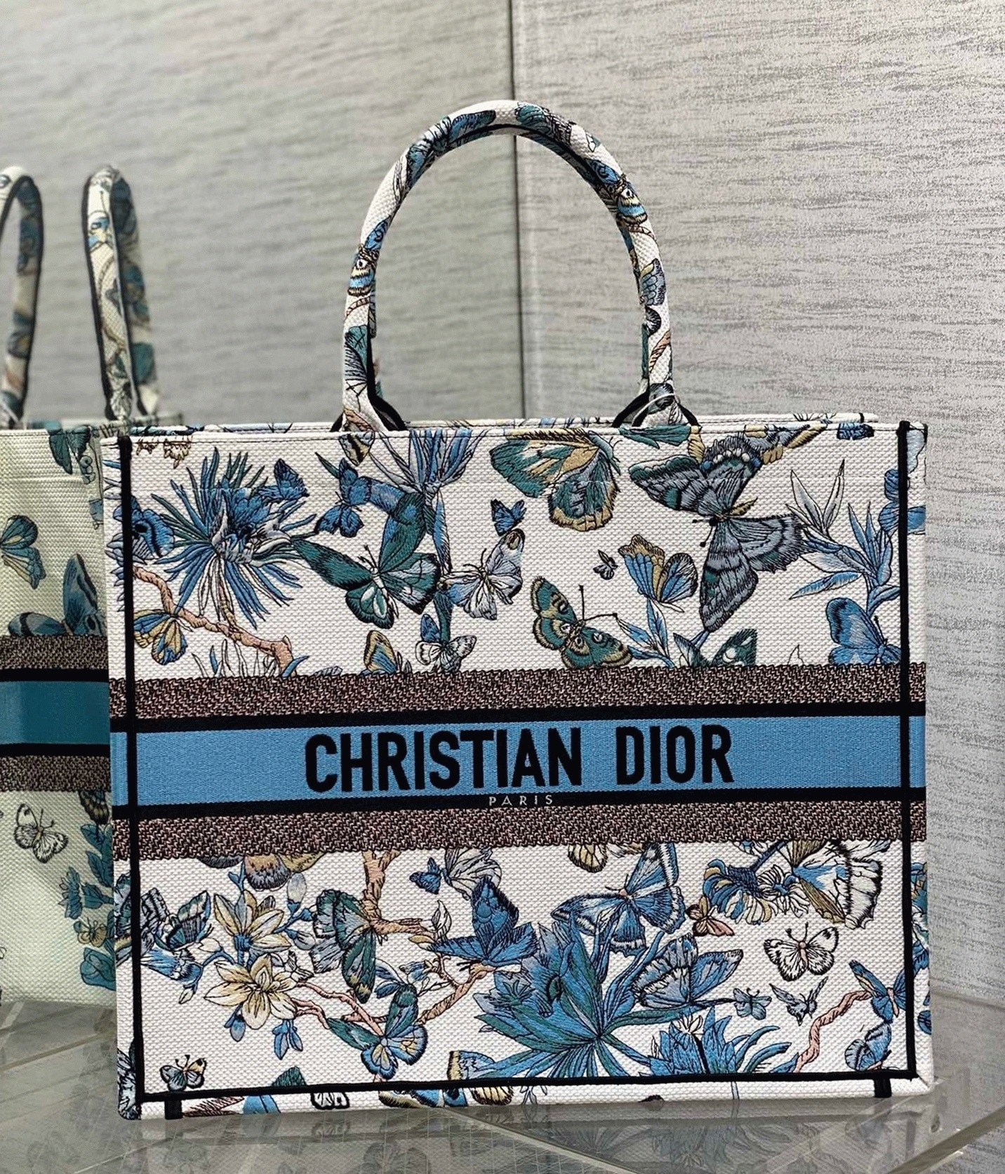 Dior Large Book Tote Bag Replica in White and Blue Toile de Jouy Mexico Embroidery