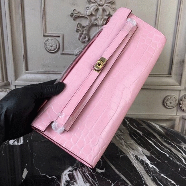 Pink Crocodile Replica Hermes Kelly Cut Clutch Feminine Tote