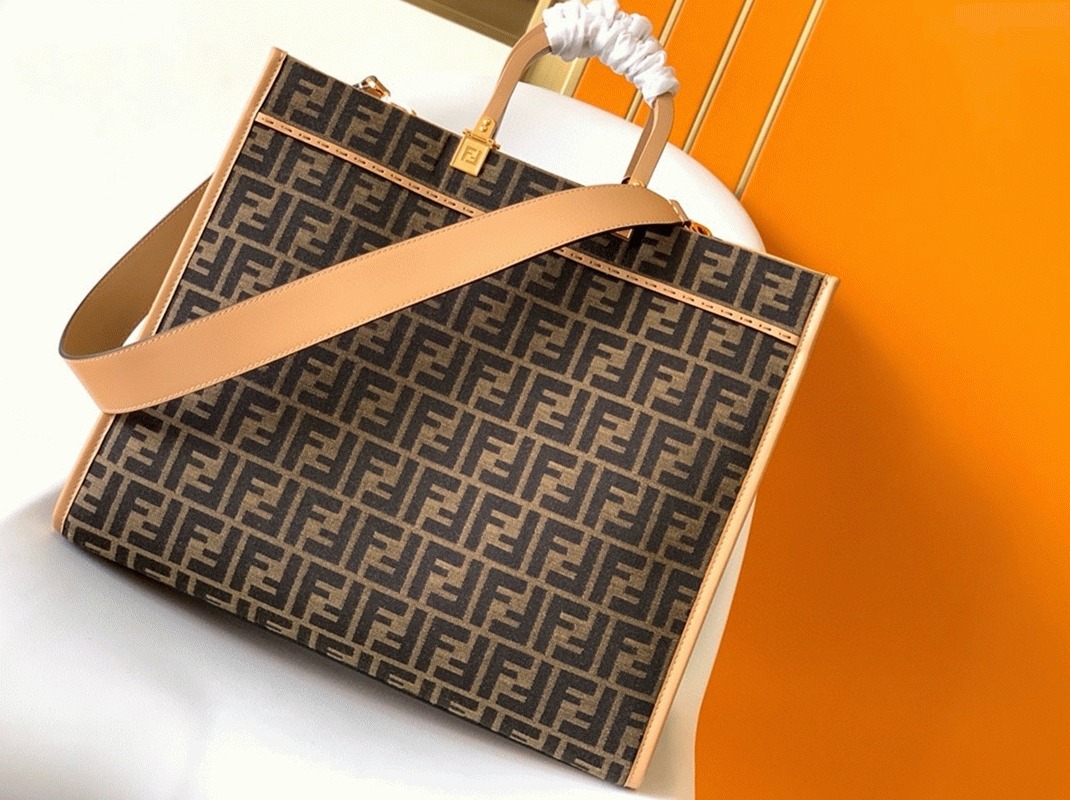 Top Quality Replica Fendi Sunshine Large Tote Bag in Brown FF Jacquard Fabric