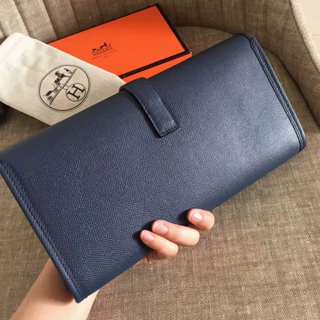 High quality sapphire epsom replica Hermes Jige Elan clutch bag