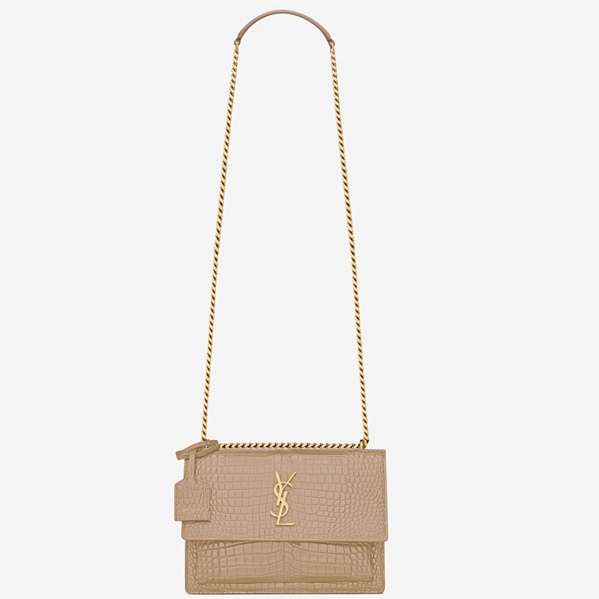 Fake Saint Laurent Sunset Medium Chain Bag Beige Crocodile-embossed Leather