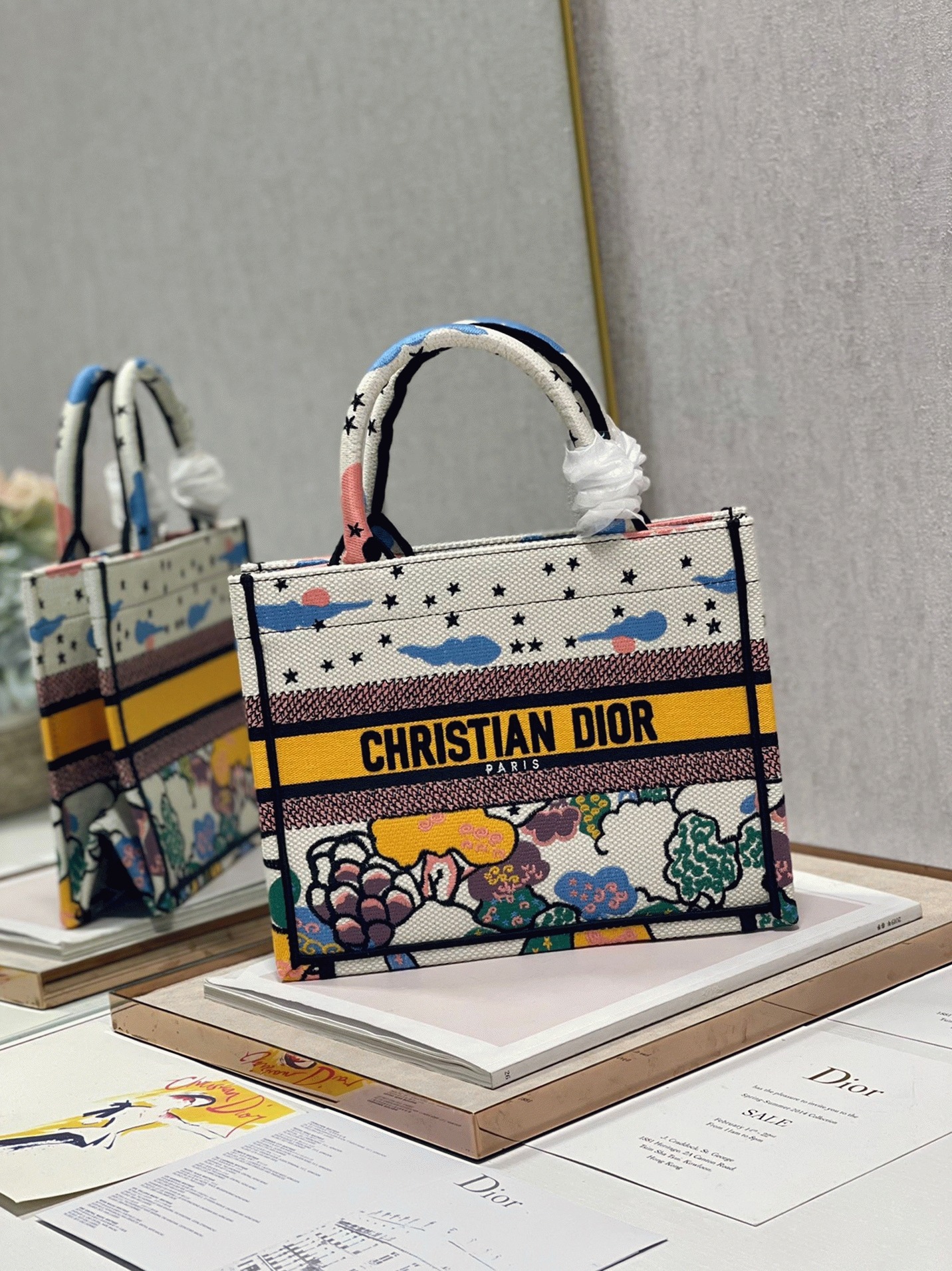 Dior Large Book Tote Bag Faux in White Pixel Zodiac Embroidery