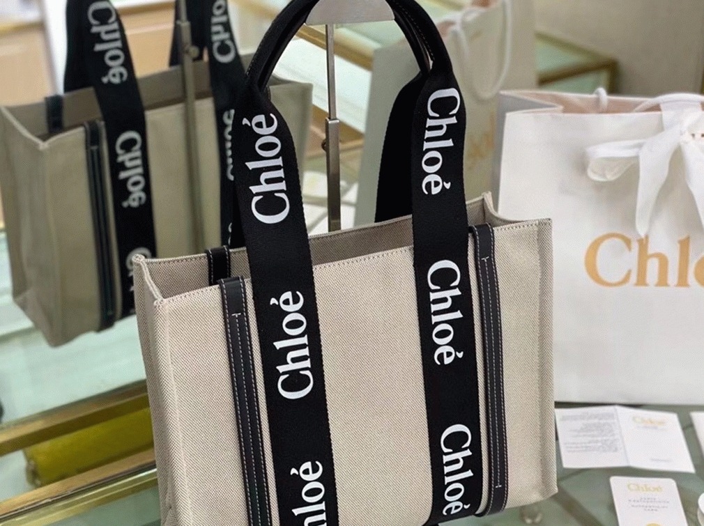 Top Quality Fake Chloe Large Woody Tote Bag in Canvas with Black Leather Strips