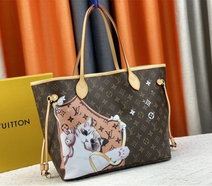 Louis Vuitton Monogram Canvas Neverfull MM Tote With Cat Print