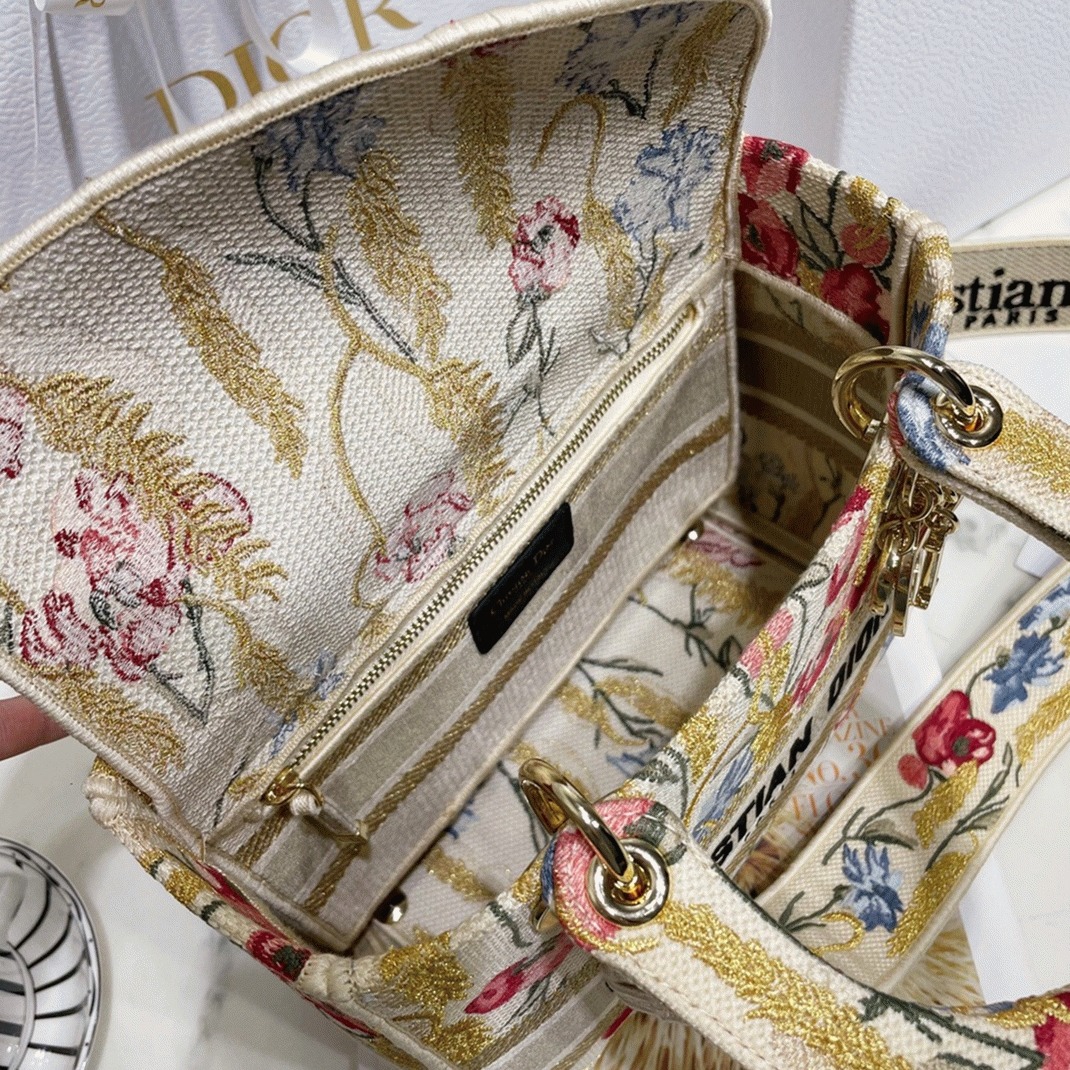 Dior Lady D-Lite Medium Bag Replica in Hibiscus Metallic Thread Embroidery