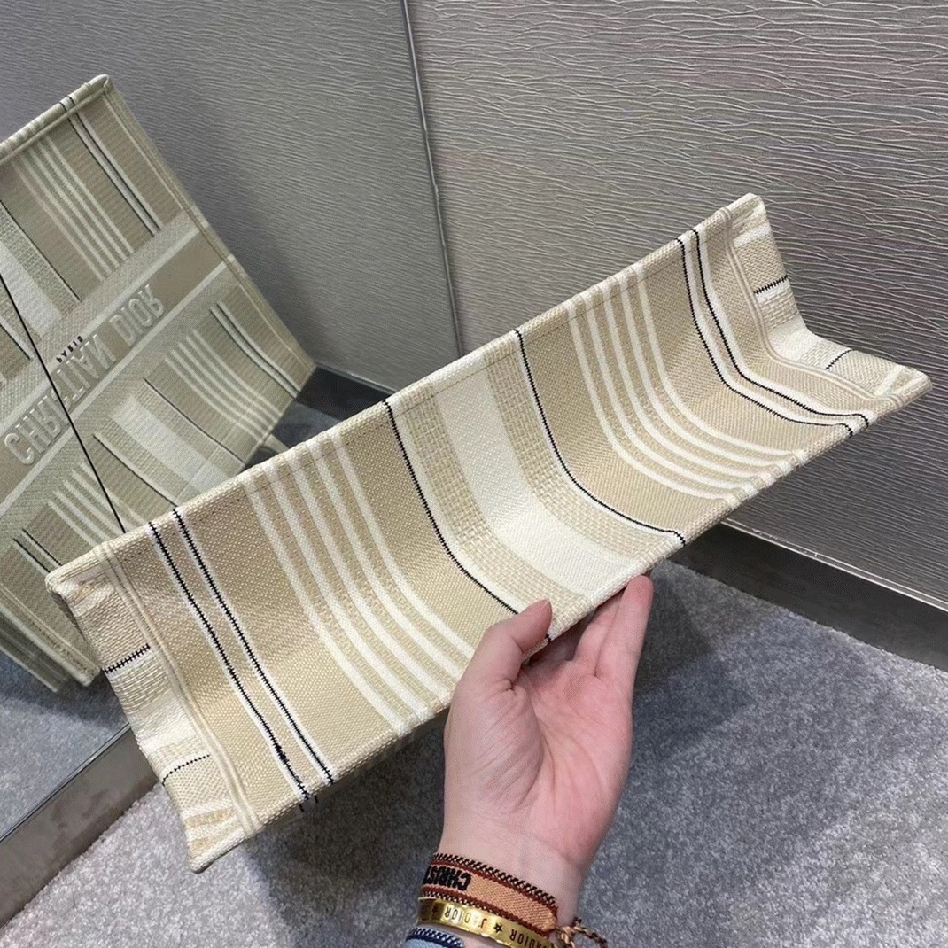 Dior Large Book Tote Bag Replica in Beige Stripes Embroidery