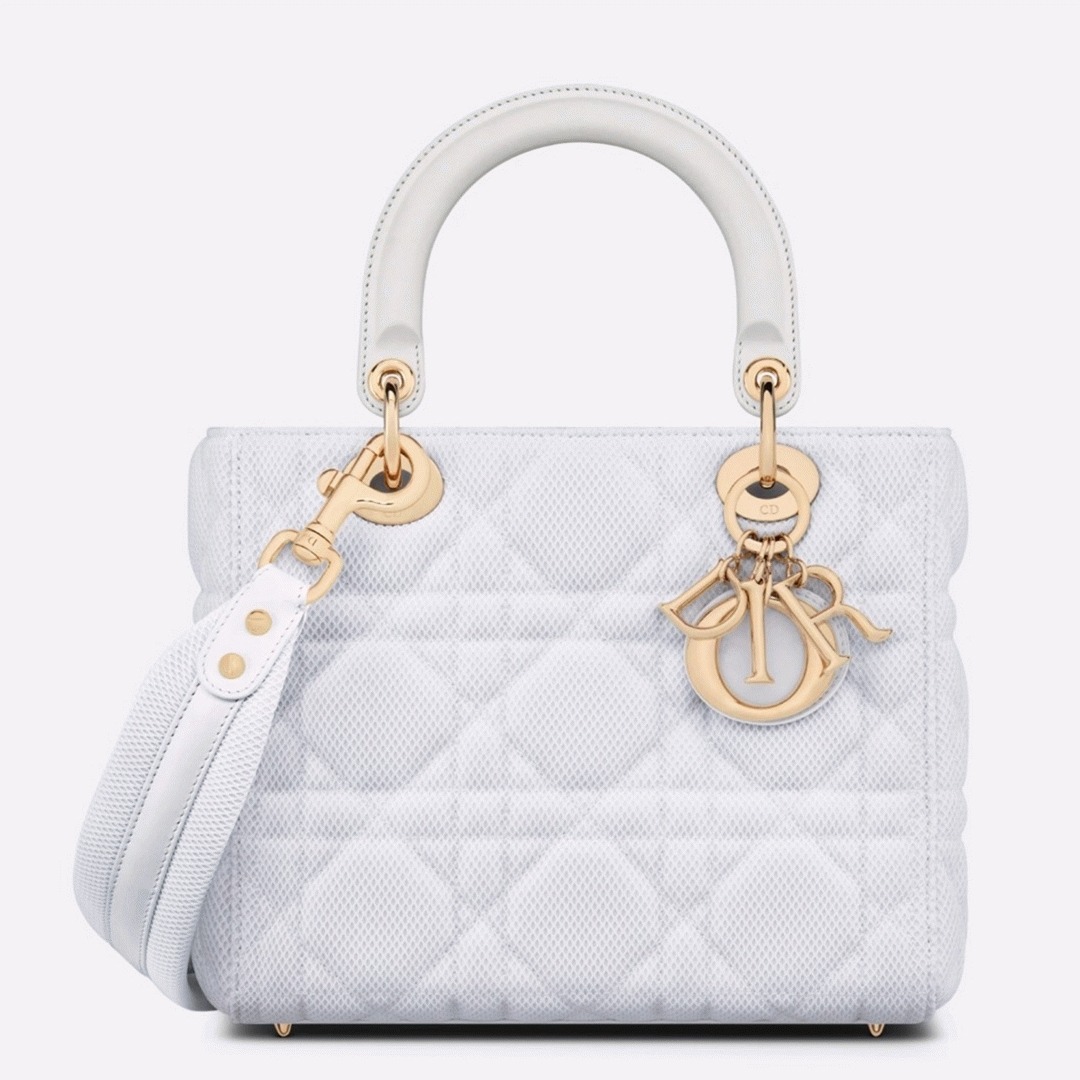 White Dior Lady D-Lite Medium Replica Bag with Macrocannage Texture