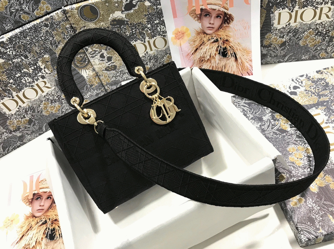 Dior Lady D-Lite Medium Bag Replica in Black Cannage Embroidered Canvas