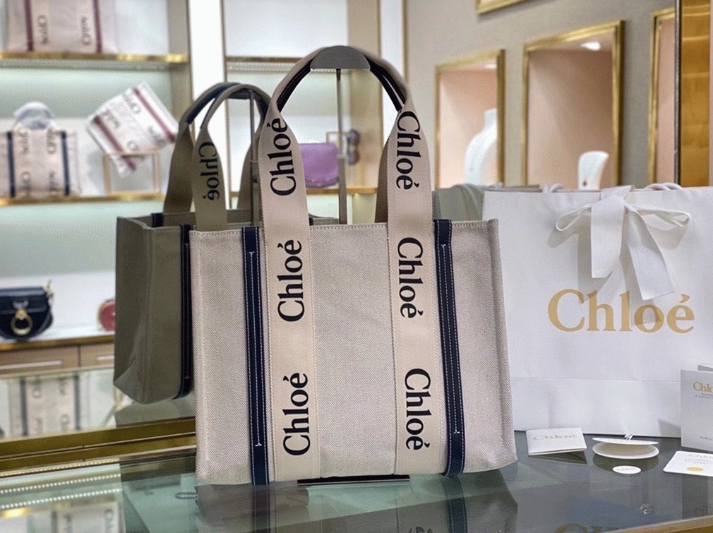 Top Quality Knockoff Chloe Medium Woody Tote Bag in Canvas with Blue Leather Strips