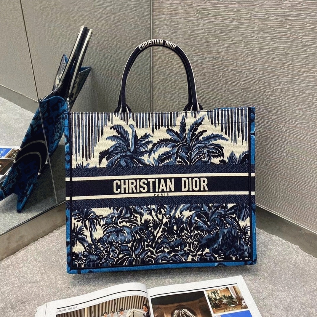 Dior Large Book Tote Bag Replica in Blue Dior Palms Embroidery