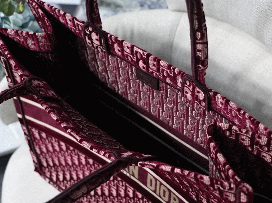 Dior Large Book Tote Bag Fake in Bordeaux Oblique Embroidered Velvet