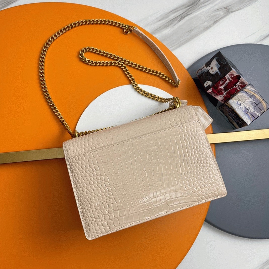 Fake Saint Laurent Sunset Medium Chain Bag Beige Crocodile-embossed Leather