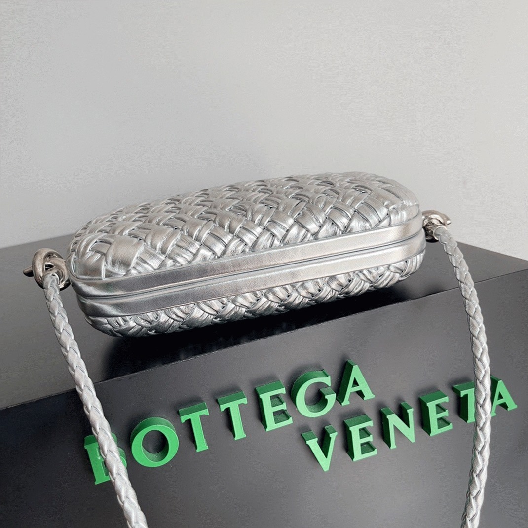 Fake Bottega Veneta Knot Minaudiere On Strap Silver Intreccio Laminated Leather