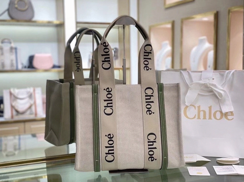 Top Quality Fake Chloe Medium Woody Tote Bag in Canvas with Green Leather Strips