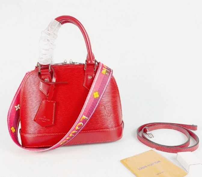Louis Vuitton Epi Leather Alma BB Handbag In Red With Jacquard Strap