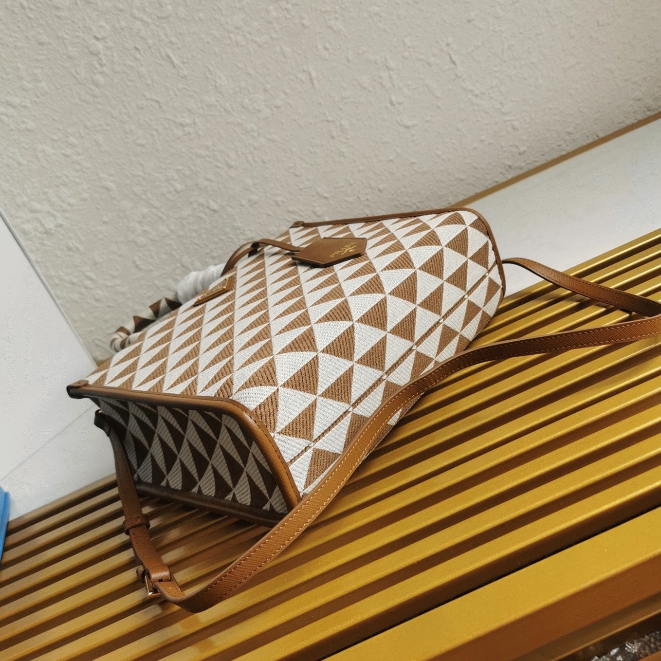 Prada Symbole Large Bag Replica in White/Brown Jacquard Fabric