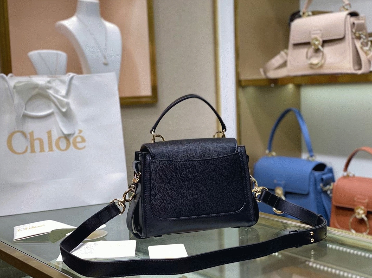 Top Quality Replica Chloe Mini Tess Day Bag In Black Grained Leather