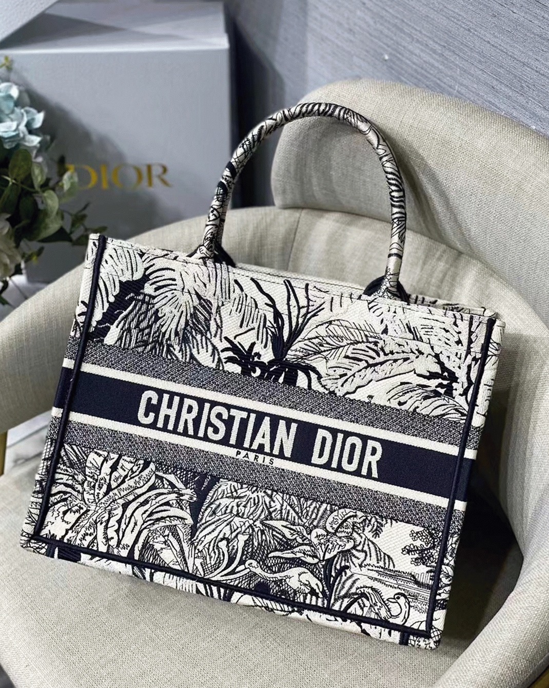 Dior Medium Book Tote Bag Fake in Blue Toile de Jouy Palms Embroidery