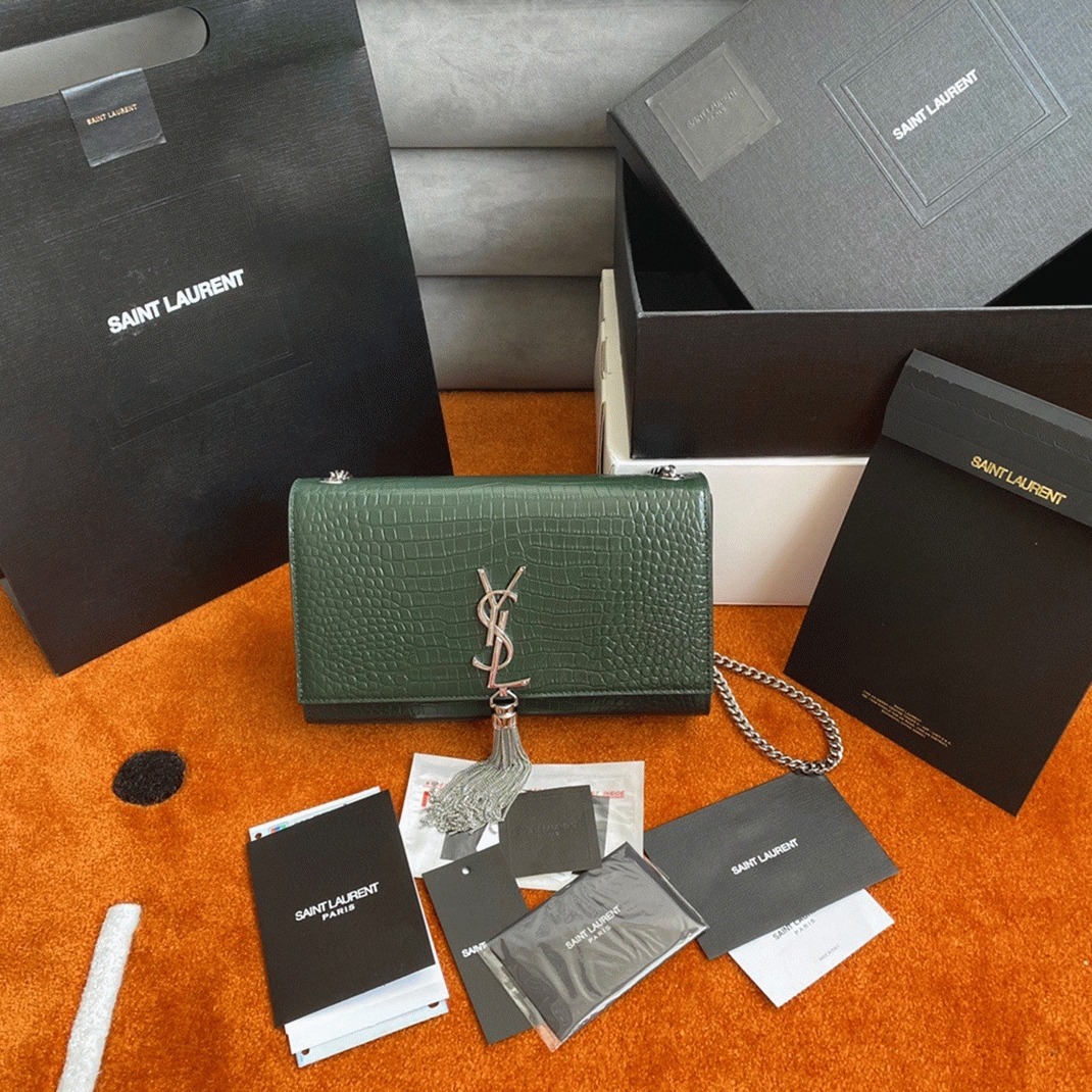 Replica Saint Laurent Kate Medium Tassel Bag Green Crocodile-embossed Leather