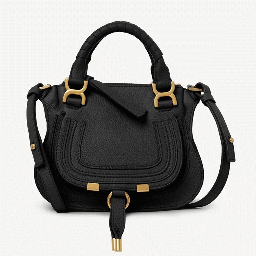 Top Quality Knockoff Chloe Marcie Mini Double Carry Bag in Black Grained Leather