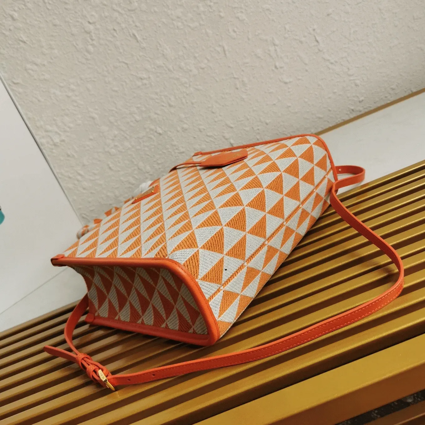 Prada Symbole Small Bag Fake in Orange/White Jacquard Fabric