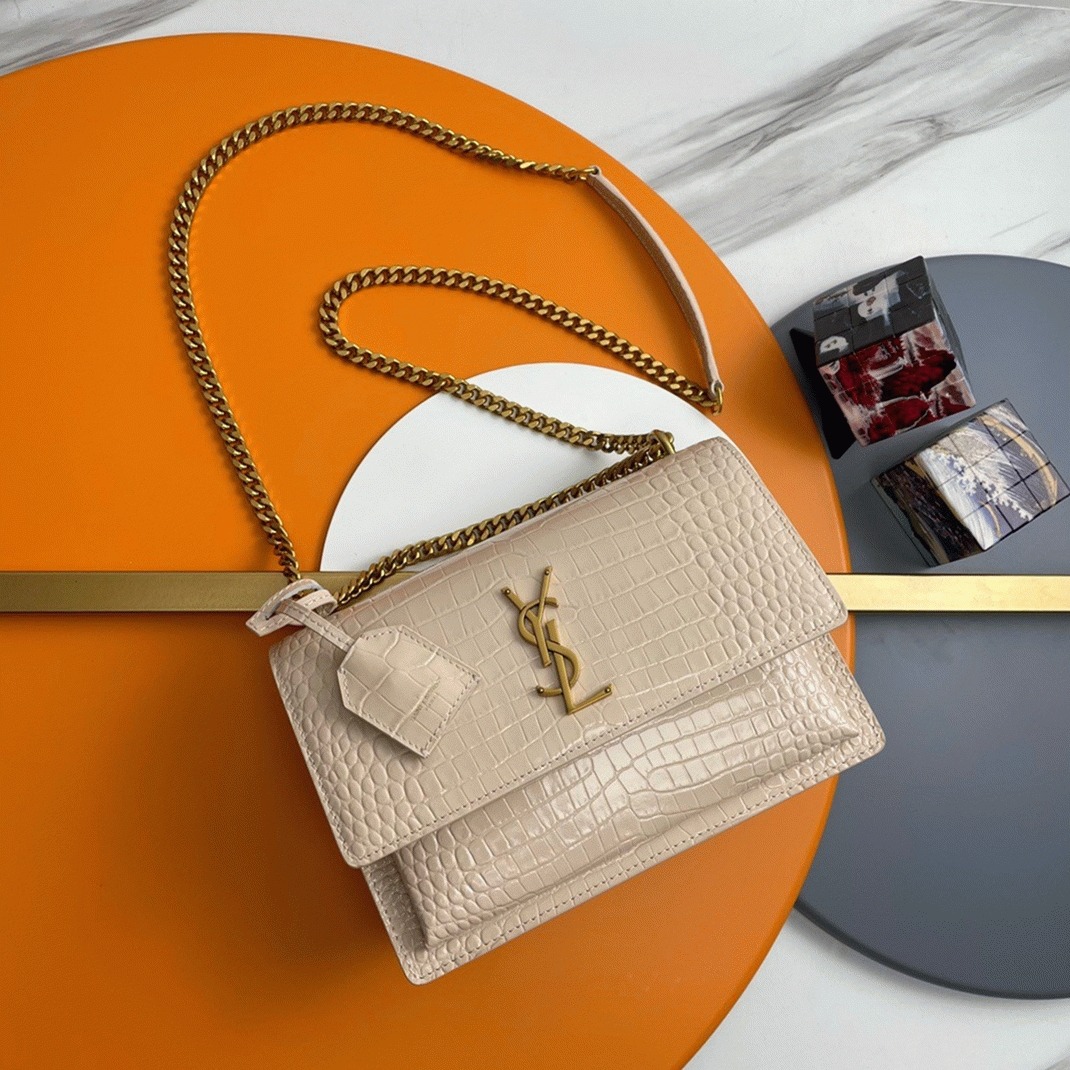 Fake Saint Laurent Sunset Medium Chain Bag Beige Crocodile-embossed Leather