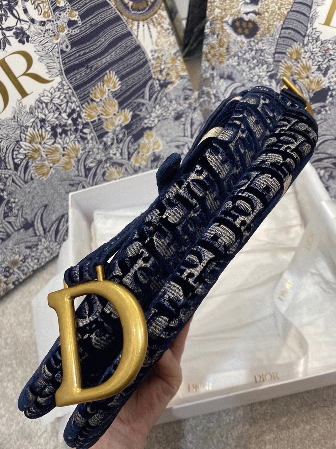 Dior Saddle Bag Knockoff in Blue Velvet Oblique Embroidered