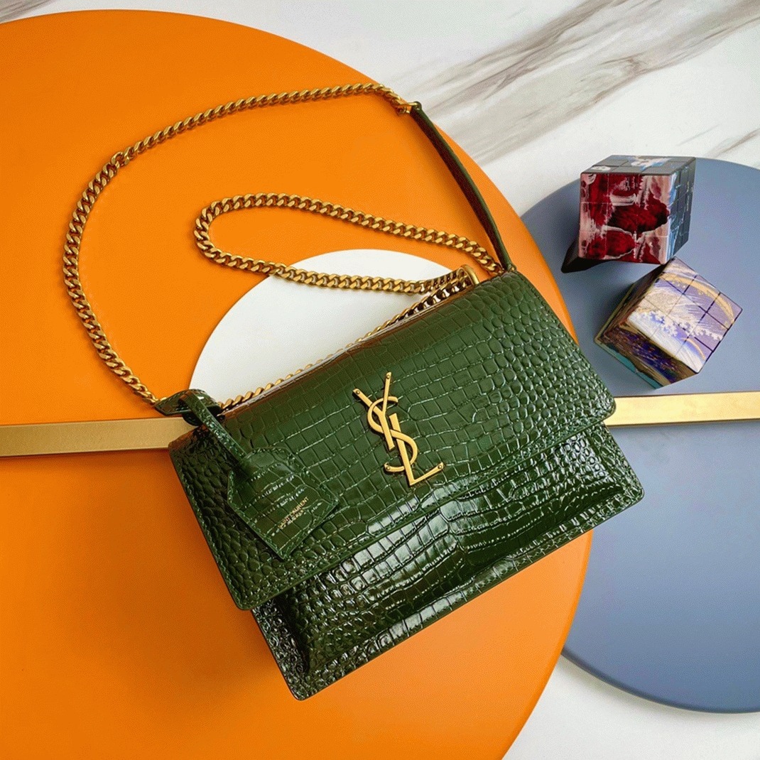 Fake Saint Laurent Sunset Medium Chain Bag Green Crocodile-embossed Leather