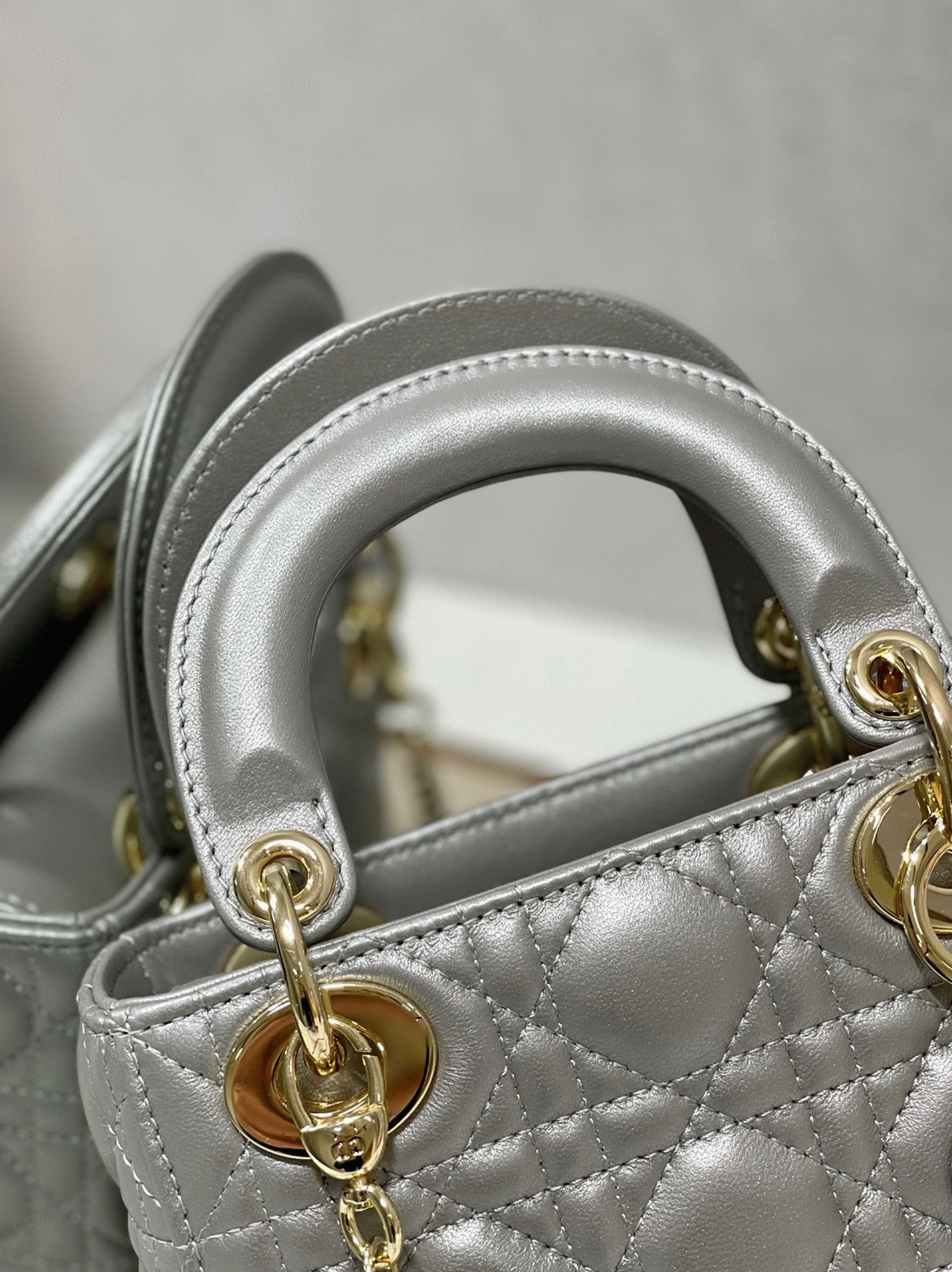 Dior Lady Dior Mini Chain Bag Replica in Grey Pearlescent Lambskin