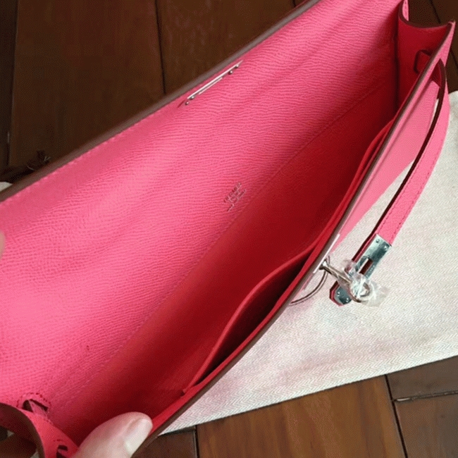 Rose Lipstick Epsom Imitation Hermes Kelly Cut Clutch Stylish Bag