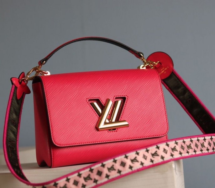 Louis Vuitton Epi Leather Twist MM Handbag In Red With Embroidered Strap