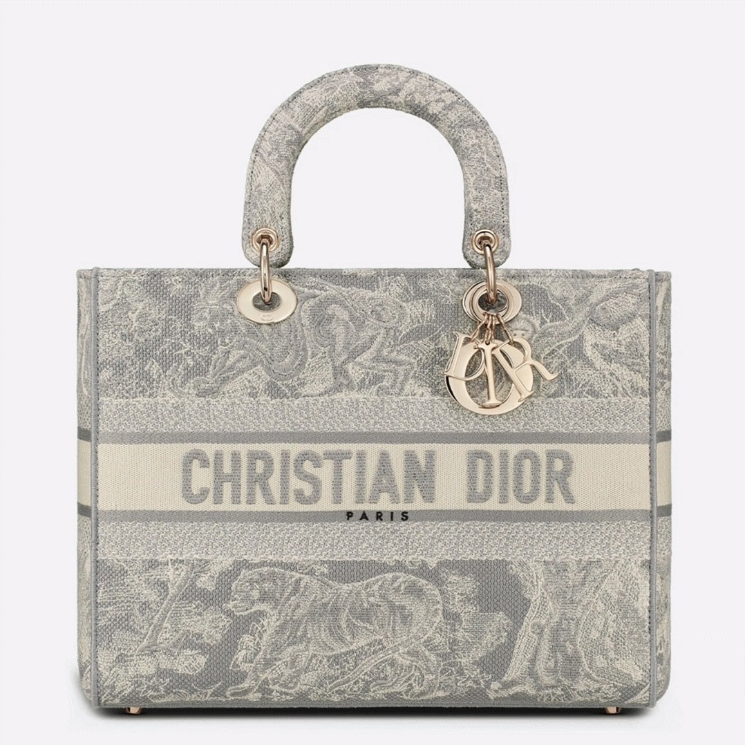 Dior Lady D-Lite Large Bag in Gray Toile de Jouy Reverse Embroidery