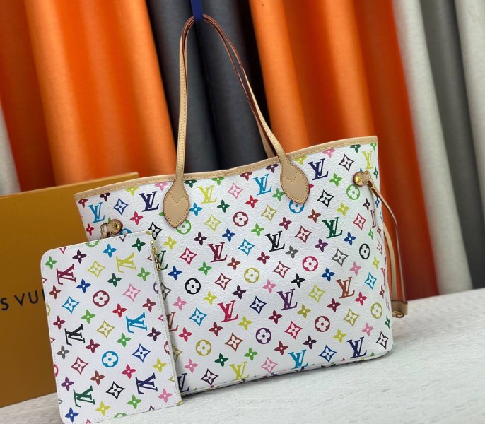 LV X TM Multicolored Neverfull MM In White