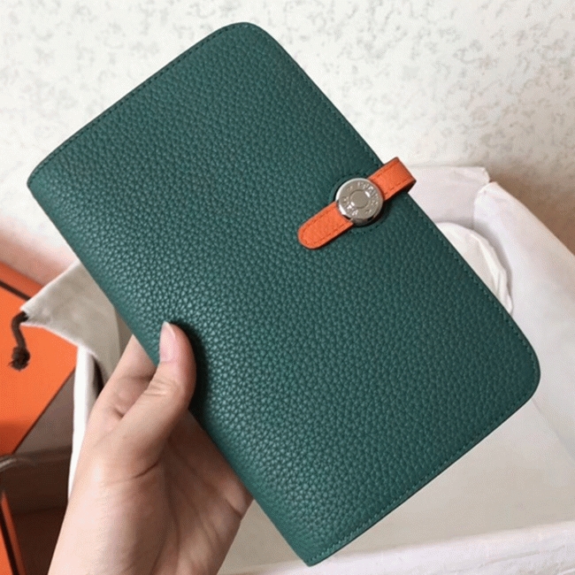 Malachite orange top fake Hermes Dogon duo wallet