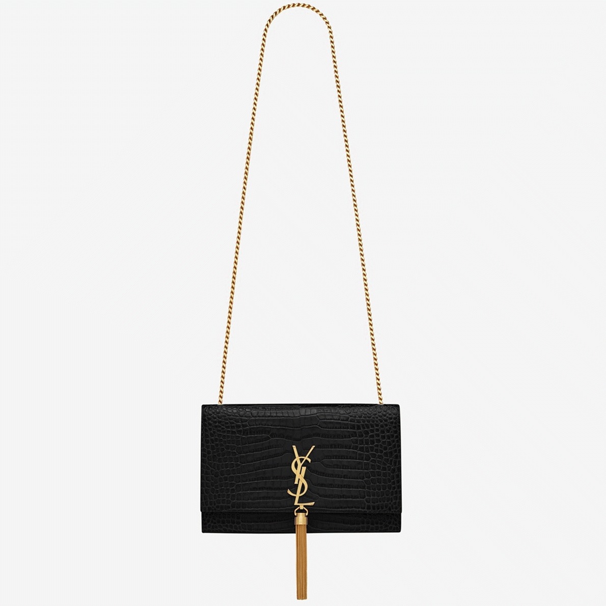 Replica Saint Laurent Kate Medium Tassel Bag Black Crocodile-embossed Leather