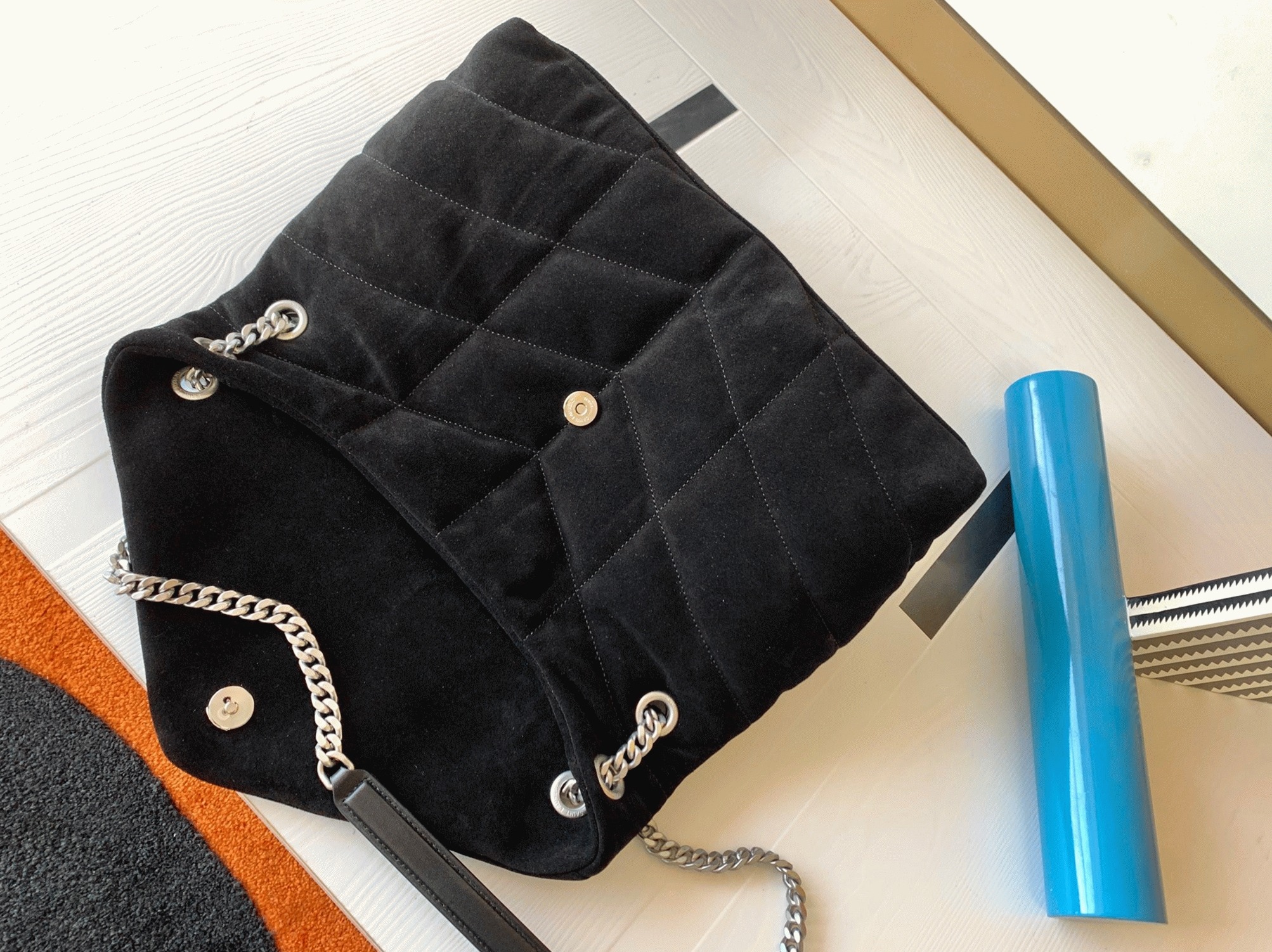 Saint Laurent Puffer Medium Chain Bag Black Suede Calfskin