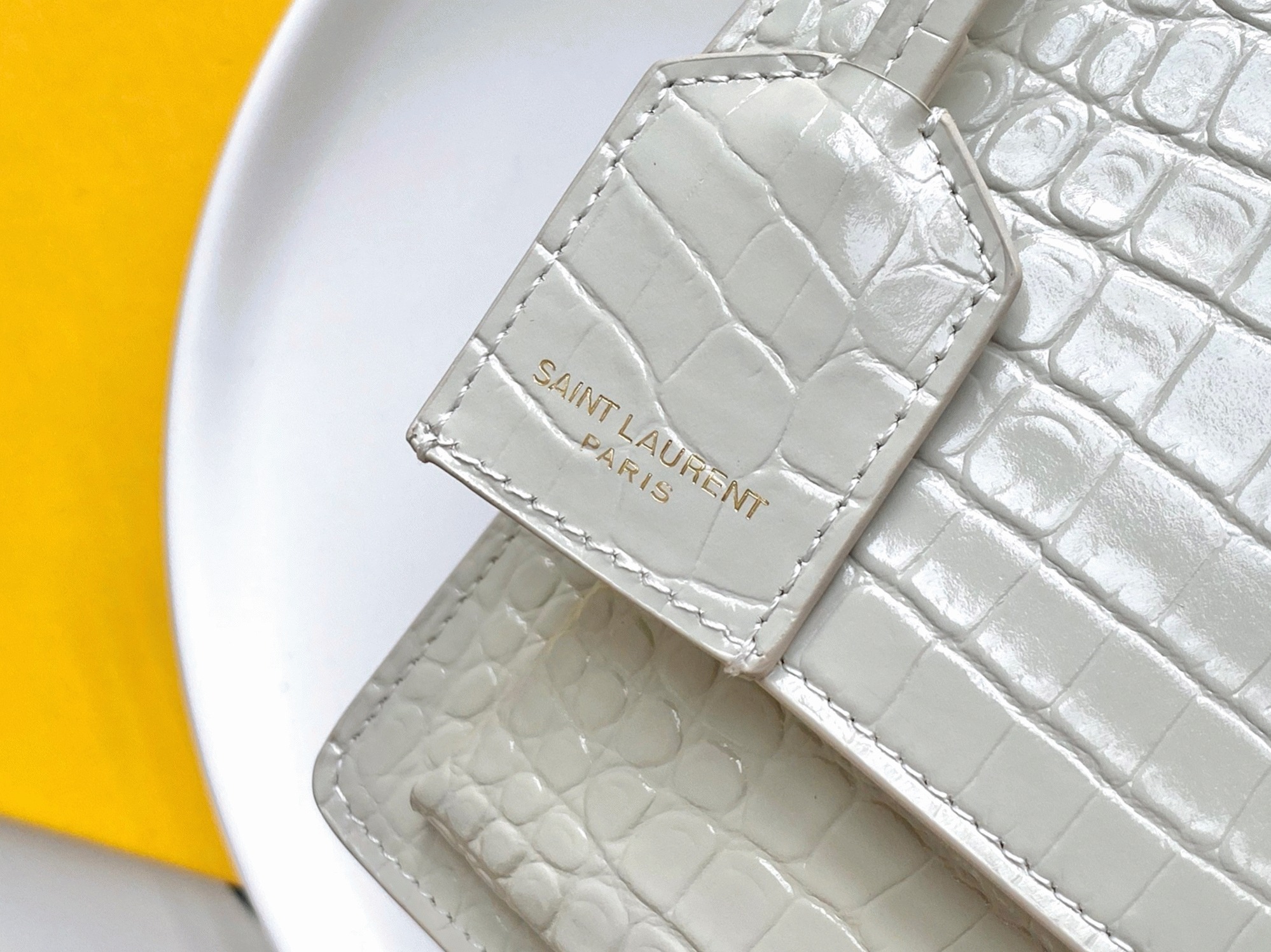 Fake Saint Laurent Sunset Medium Chain Bag Ivory Crocodile-embossed Leather