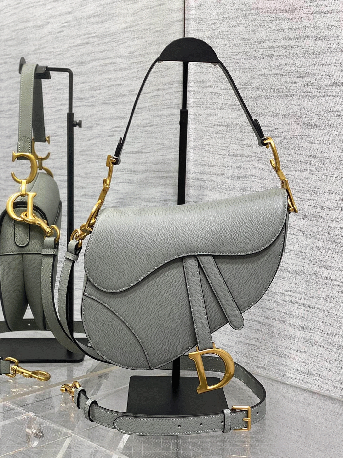Dior Saddle Bag with Strap Fake in Grey Stone Grained Calfskin