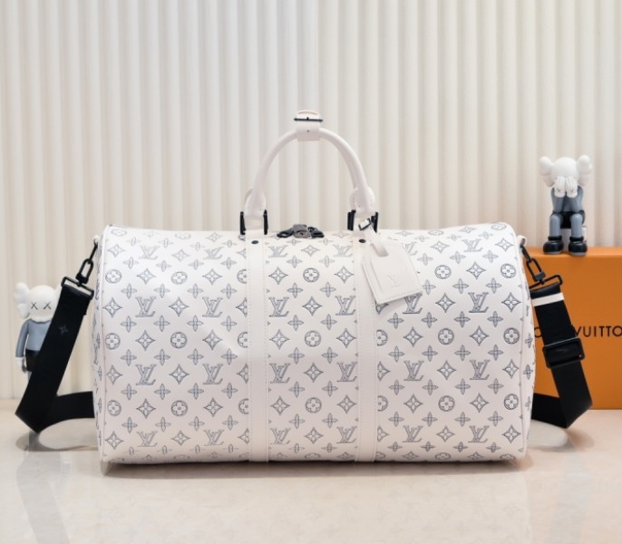 LV Monogram Shadow Keepall Bandouliere 50 In White