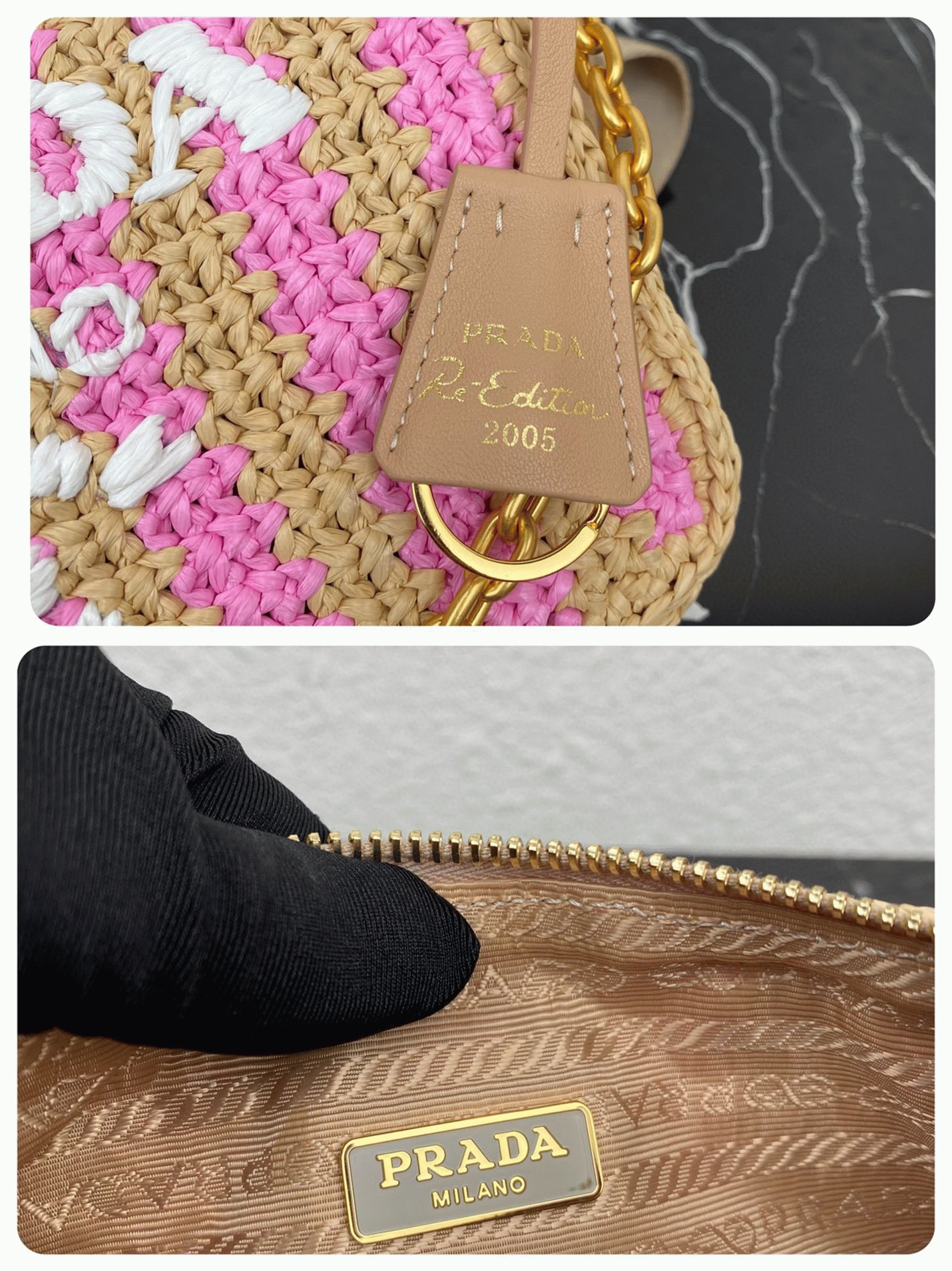 Prada Re-Edition Bag Knockoff in Beige and Pink Stripe
