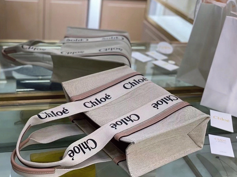 Top Quality Replica Chloe Medium Woody Tote Bag in Canvas with Beige Leather Strips